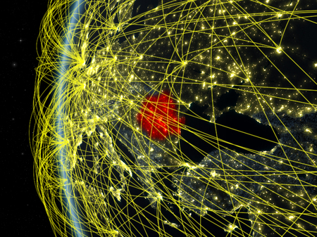 Romania from space on model of Earth at night with international network. Concept of digital communication or travel. 3D illustration.の写真素材