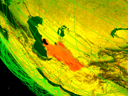 Turkmenistan on digital planet Earth from space with network. Concept of international communication, technology and travel. 3D illustration.の写真素材