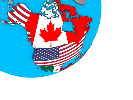 NAFTA memeber states with national flags on blue political 3D globe. 3D illustration.の写真素材