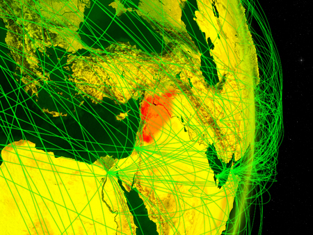 Syria on digital planet Earth with network. Concept of connectivity, travel and communication. 3D illustration.の写真素材