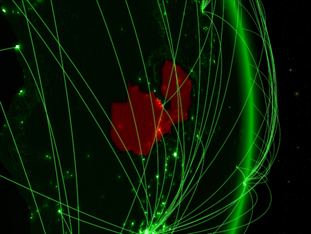 Zambia on green planet Earth with network. Concept of connectivity, travel and communication. 3D illustration.の写真素材