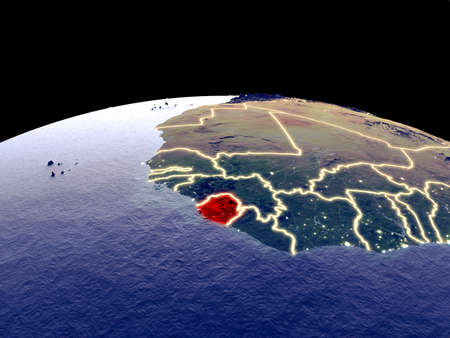 Sierra Leone from space on planet Earth at night with bright city lights. Detailed plastic planet surface with real mountains. 3D illustration.の写真素材