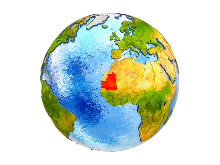 Mauritania on 3D model of Earth with country borders and water in oceans. 3D illustration isolated on white background.の写真素材