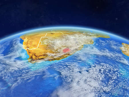 Lesotho on planet Earth with country borders and highly detailed planet surface and clouds. 3D illustration.の写真素材