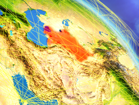 Turkmenistan from space on model of planet Earth with network. Concept of digital technology, connectivity and travel. 3D illustration.の写真素材