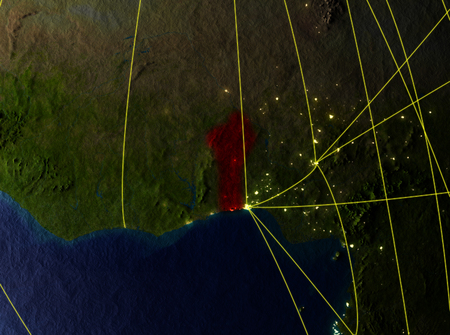 Benin from space on model of planet Earth with networks. Detailed planet surface with city lights. 3D illustration.の写真素材