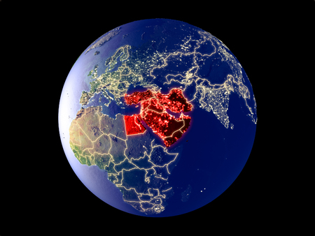 Middle East from space on model of planet Earth with city lights. Very fine detail of the plastic planet surface and cities. 3D illustration.の写真素材