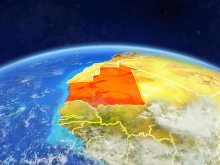 Mauritania on planet Earth with country borders and highly detailed planet surface and clouds. 3D illustration.の写真素材
