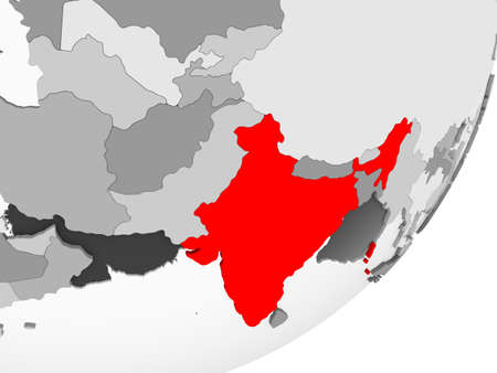 Illustration of India highlighted in red on grey globe with transparent oceans. 3D illustration.の写真素材