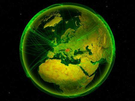 Hungary from space on planet Earth with digital network representing international communication, technology and travel. 3D illustration.の写真素材