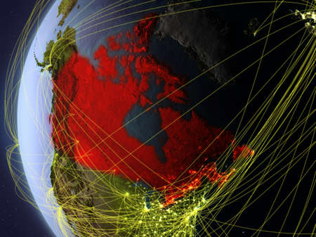Canada from space on model of Earth during sunset with international network. Concept of digital communication or travel. 3D illustration.の写真素材