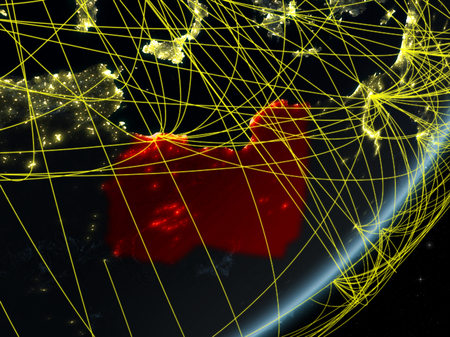 Libya on model of planet Earth with network at night. Concept of new technology, communication and travel. 3D illustration.の写真素材