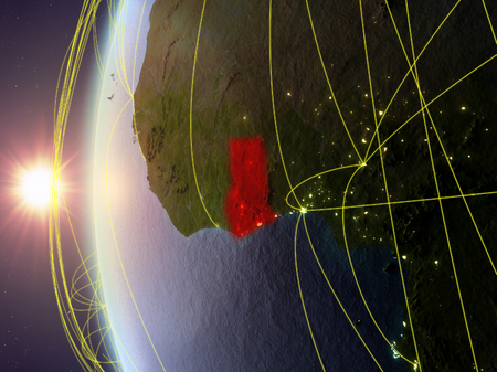 Ghana from space on model of Earth during sunset with international network. Concept of digital communication or travel. 3D illustration.の写真素材