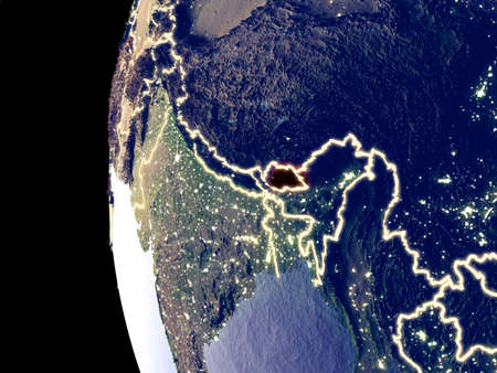 Night view of Bhutan from space with visible city lights. Very detailed plastic planet surface. 3D illustration.の写真素材