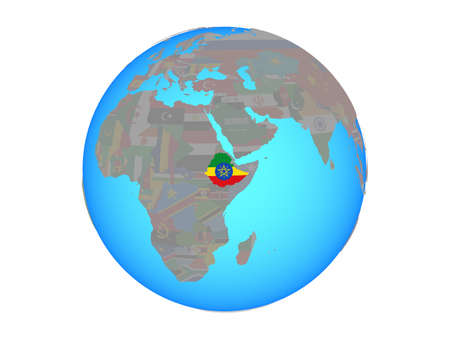 Ethiopia with national flag on blue political globe. 3D illustration isolated on white background.の写真素材