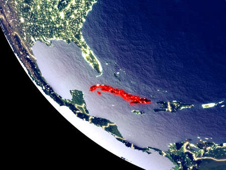 Orbit view of Cuba at night with bright city lights. Very detailed plastic planet surface. 3D illustration.の写真素材