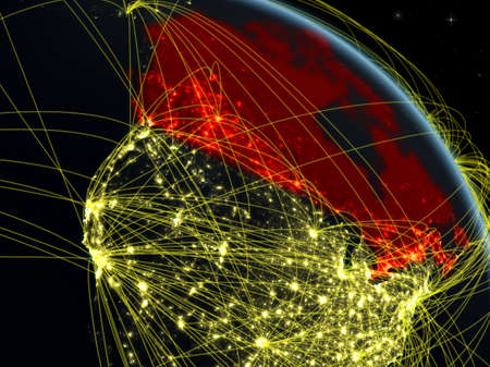 Canada from space on model of planet Earth at night with network. Concept of digital technology, connectivity and travel. 3D illustration.の写真素材