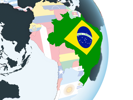 Brazil on bright political globe with embedded flag. 3D illustration.の写真素材