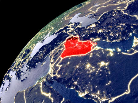 Satellite view of Iraq on Earth with city lights. Extremely detailed plastic planet surface with real mountains. 3D illustration.の写真素材