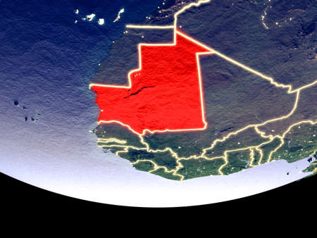 Satellite view of Mauritania from space at night. Beautifully detailed plastic planet surface with visible city lights. 3D illustration.の写真素材