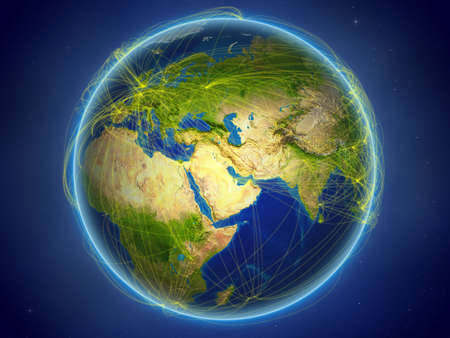 Kuwait from space on planet Earth with digital network representing international communication, technology and travel. 3D illustration.の写真素材