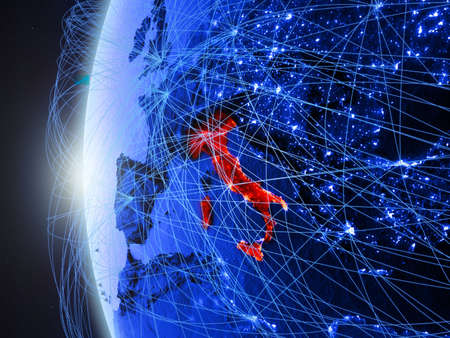 Italy from space on blue digital model of Earth with international network. Concept of blue digital communication or travel. 3D illustration.の写真素材