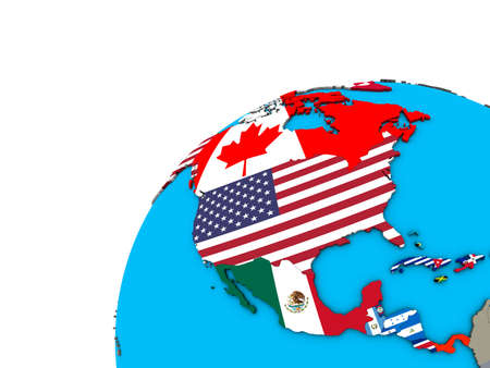 North America with national flags on 3D globe. 3D illustration.の写真素材