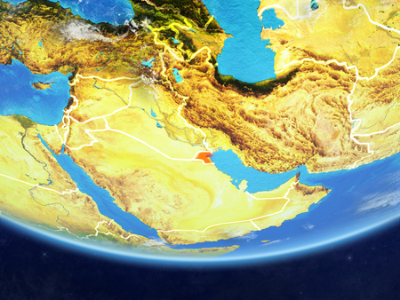 Kuwait on realistic model of planet Earth with country borders and very detailed planet surface and clouds. 3D illustration.の写真素材