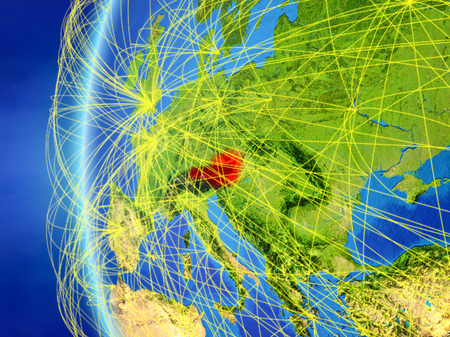 Austria from space on model of Earth with international network. Concept of digital communication or travel. 3D illustration.の写真素材