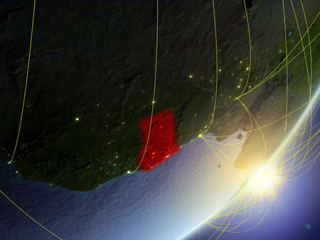 Ghana on model of planet Earth with network during sunrise. Concept of new technology, communication and travel. 3D illustration.の写真素材