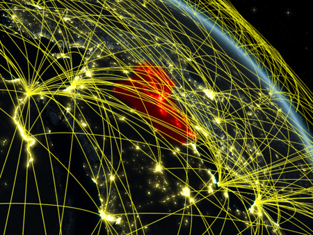 Iraq from space on model of planet Earth at night with network. Concept of digital technology, connectivity and travel. 3D illustration.の写真素材