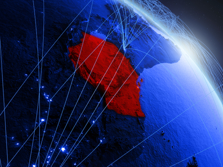Tanzania from space on model of blue digital planet Earth. Concept of blue digital technology, connectivity and travel. 3D illustration.の写真素材