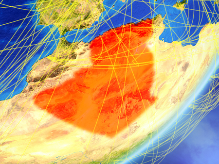 Algeria on model of planet Earth with network at night. Concept of new technology, communication and travel. 3D illustration.の写真素材