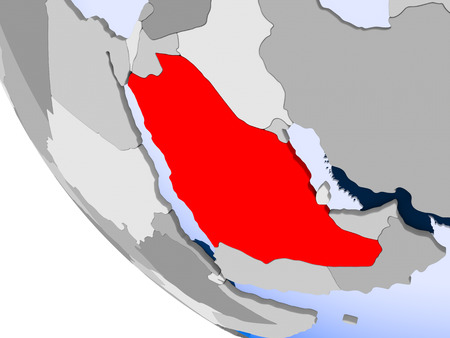 Map of Saudi Arabia in red on political globe with transparent oceans. 3D illustration.の写真素材
