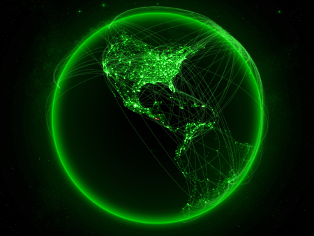 El Salvador from space on planet Earth with green network representing international communication, technology and travel. 3D illustration.の写真素材