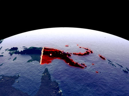 Papua New Guinea from space on planet Earth at night with bright city lights. Detailed plastic planet surface with real mountains. 3D illustration.の写真素材
