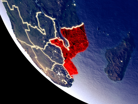 Orbit view of Mozambique at night with bright city lights. Very detailed plastic planet surface. 3D illustration.の写真素材