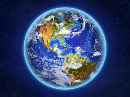 Jamaica from space. Planet Earth with country borders and extremely high detail of planet surface and clouds. 3D illustration.の写真素材