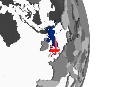 United Kingdom on gray political globe with embedded flag. 3D illustration.の写真素材