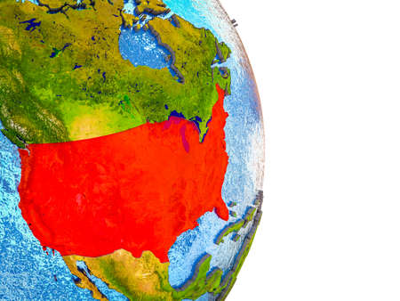 USA on 3D model of Earth with divided countries and blue oceans. 3D illustration.の写真素材