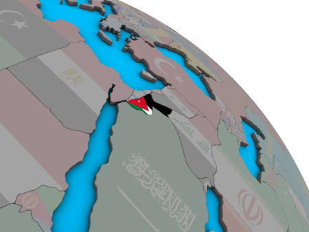 Jordan with embedded national flag on simple blue political 3D globe. 3D illustration.の写真素材