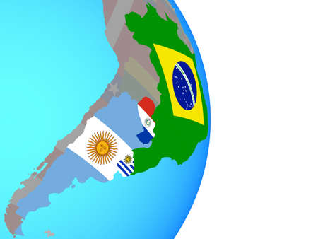 Mercosur memebers with national flags on simple political globe. 3D illustration.の写真素材