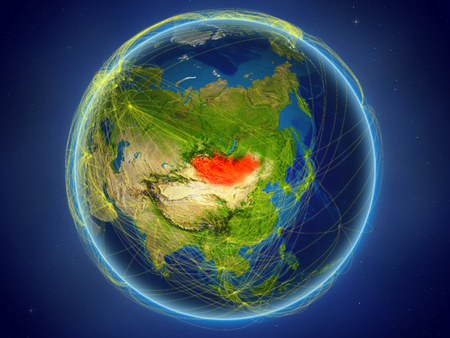 Mongolia from space on planet Earth with digital network representing international communication, technology and travel. 3D illustration.の写真素材