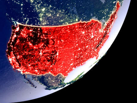 United States from space on model of Earth at night. Very fine detail of the plastic planet surface and visible bright city lights. 3D illustration.の写真素材