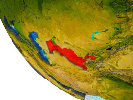 Uzbekistan on model of Earth with country borders and blue oceans with waves. 3D illustration.の写真素材