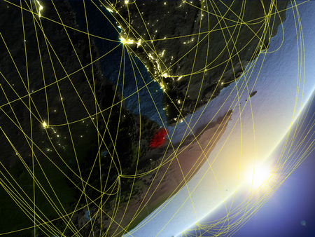 Djibouti on model of planet Earth with network during sunrise. Concept of new technology, communication and travel. 3D illustration.の写真素材