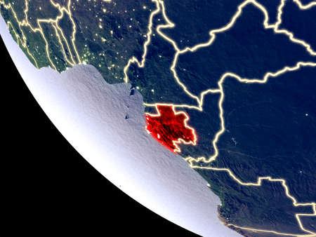 Orbit view of Gabon at night with bright city lights. Very detailed plastic planet surface. 3D illustration.の写真素材
