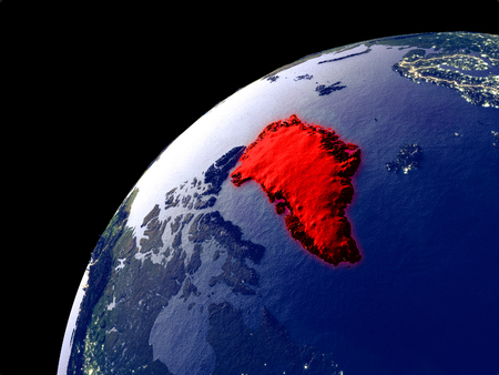 Satellite view of Greenland on Earth with city lights. Extremely detailed plastic planet surface with real mountains. 3D illustration.の写真素材