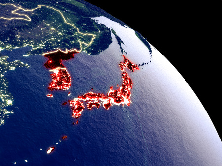 Japan and Korea at night from orbit. Plastic planet surface with visible city lights. 3D illustration.の写真素材