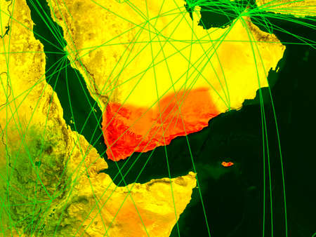 Yemen on digital map with networks. Concept of international travel, communication and technology. 3D illustration.の写真素材